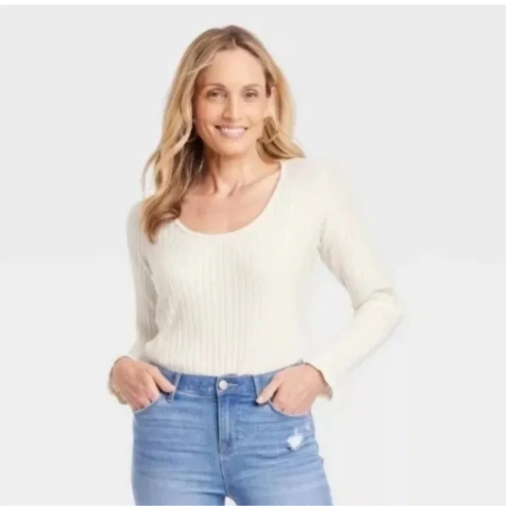 Knox Rose Women's Slim Fit Long Sleeve Ribbed T-Shirt Cream Size XXL NWT - Picture 7 of 8